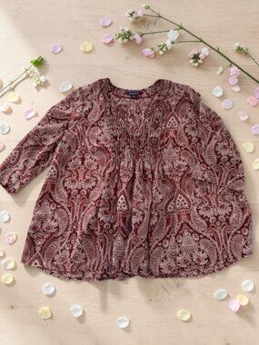 Roaman's 18W Sheer Boho‎ Peasant Blouse Paisley Floral Maroon